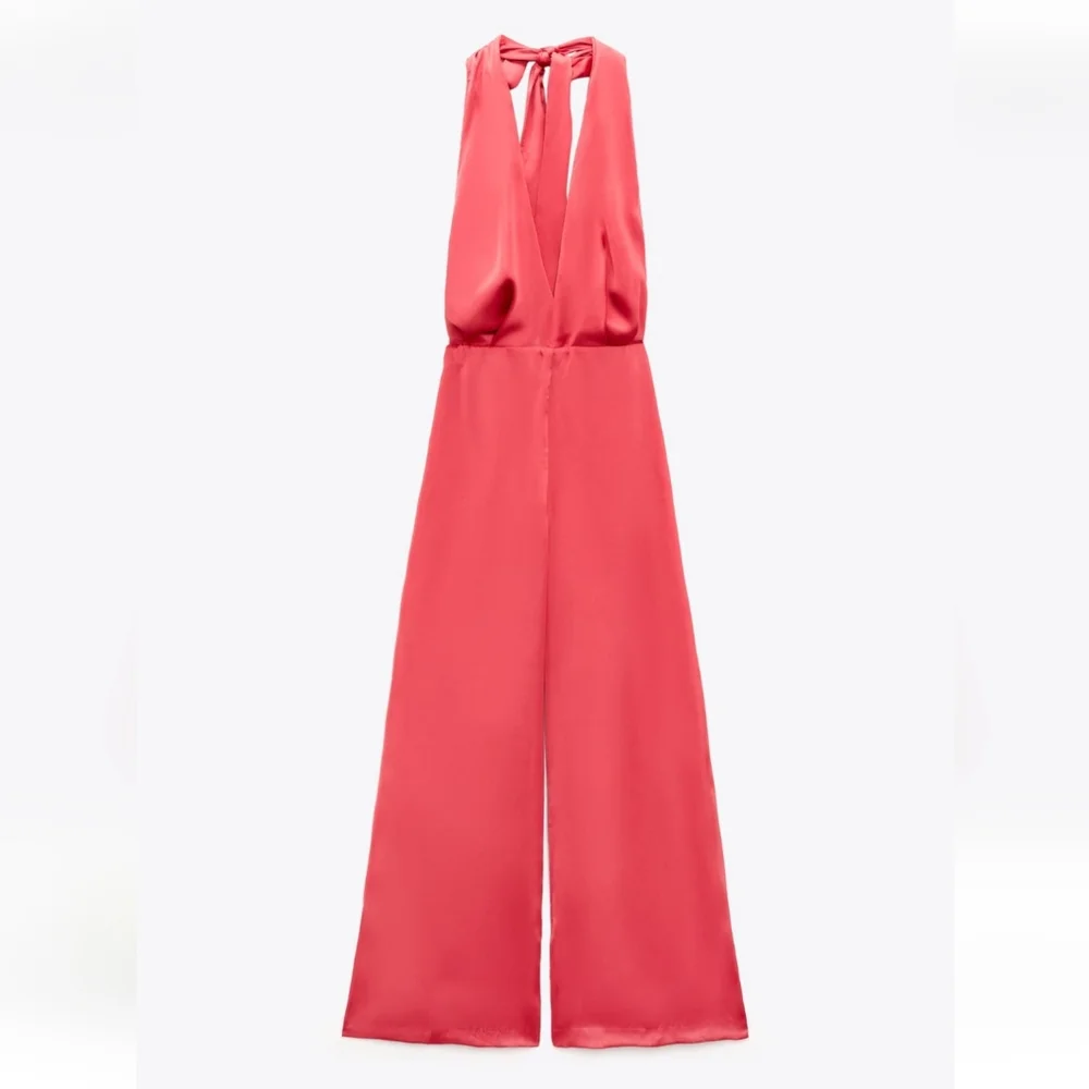 Zara * Satin Effect Jumpsuit Wide Leg Pink Long Size XS